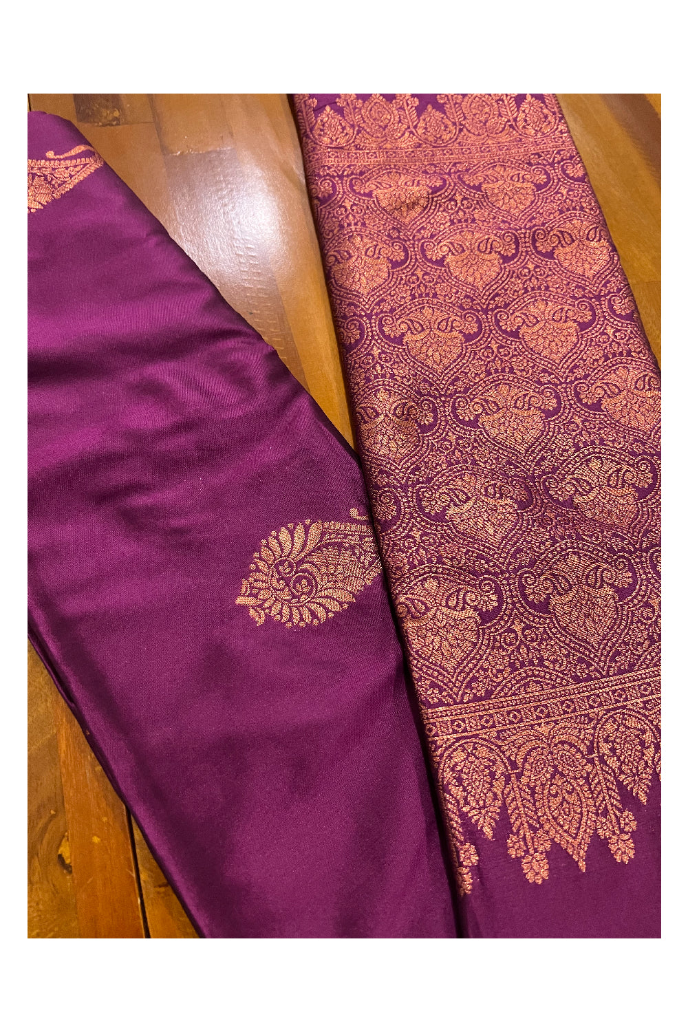 Southloom Magenta Semi Silk Designer Saree with Copper Kasavu Woven Works on Body