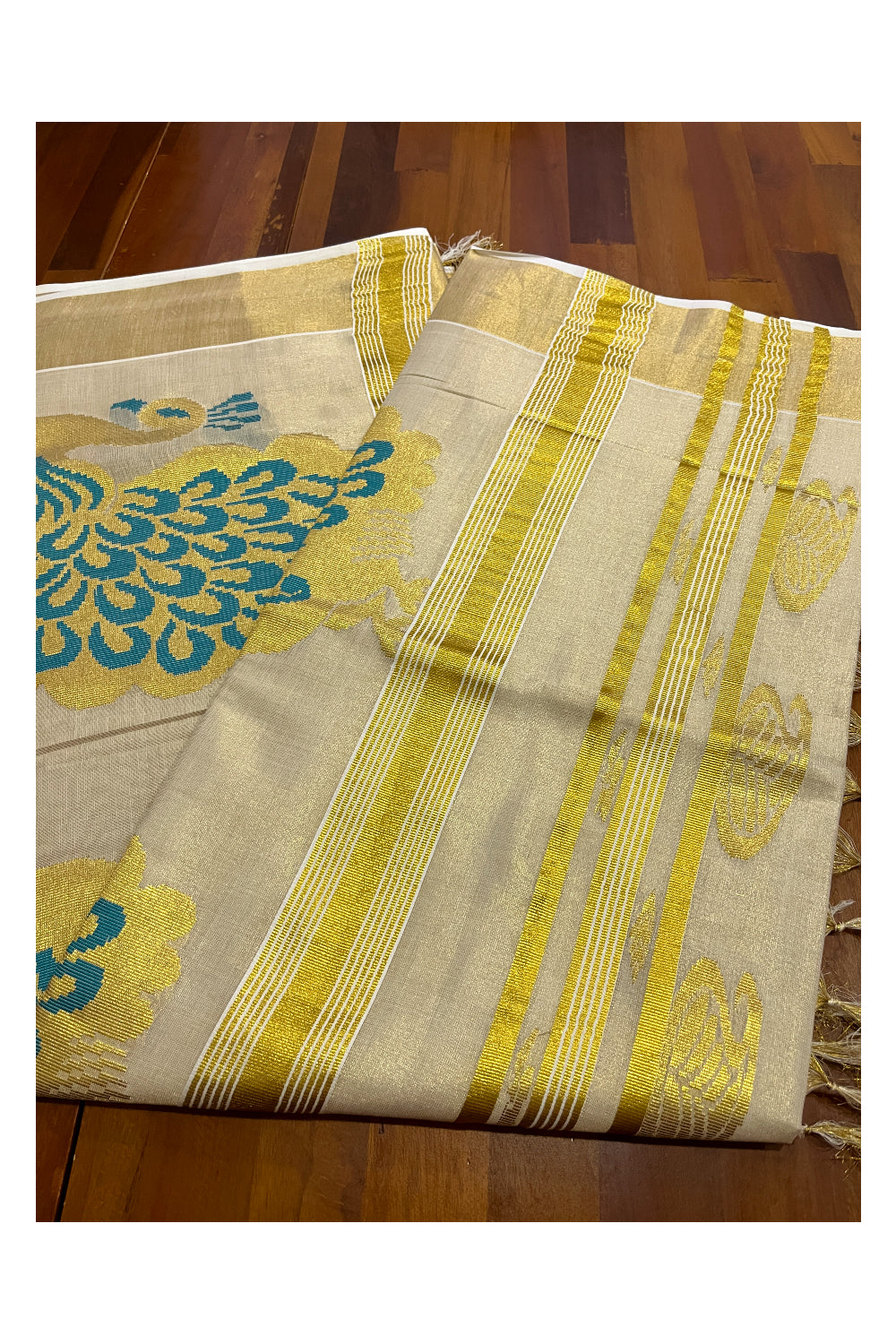 Kerala Tissue Kasavu Saree with Golden and Green Heavy Woven Works (Onam Saree 2023)