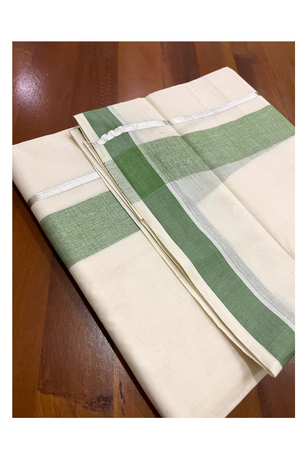 Off White Kerala Double Mundu with Silver Kasavu and Green Kara (South Indian Dhoti)