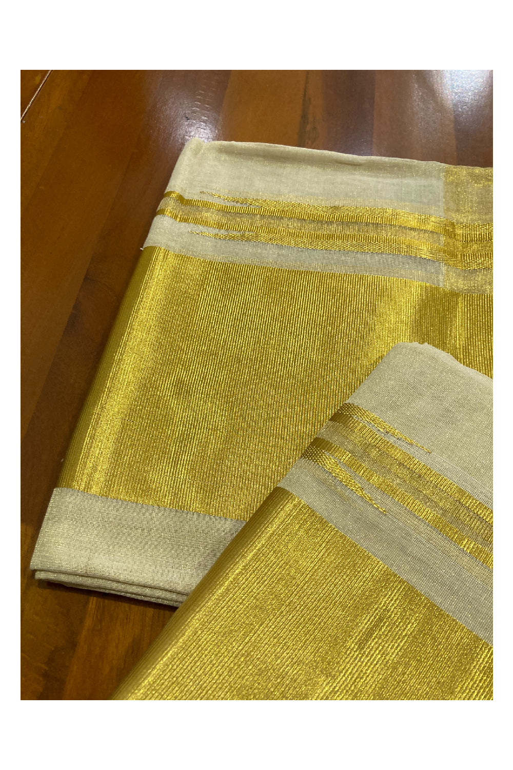 Southloom Handloom Tissue Kasavu Premium Double Set Mundu with Plain Body (5 inch Border and Kara)