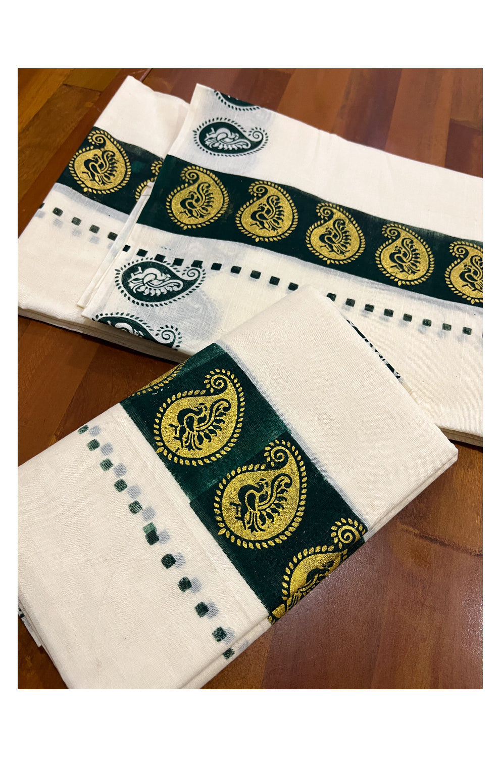 Kerala Cotton Set Mundu (Mundum Neriyathum) with Golden Paisley Block Prints on Green Border 2.80 Mtrs