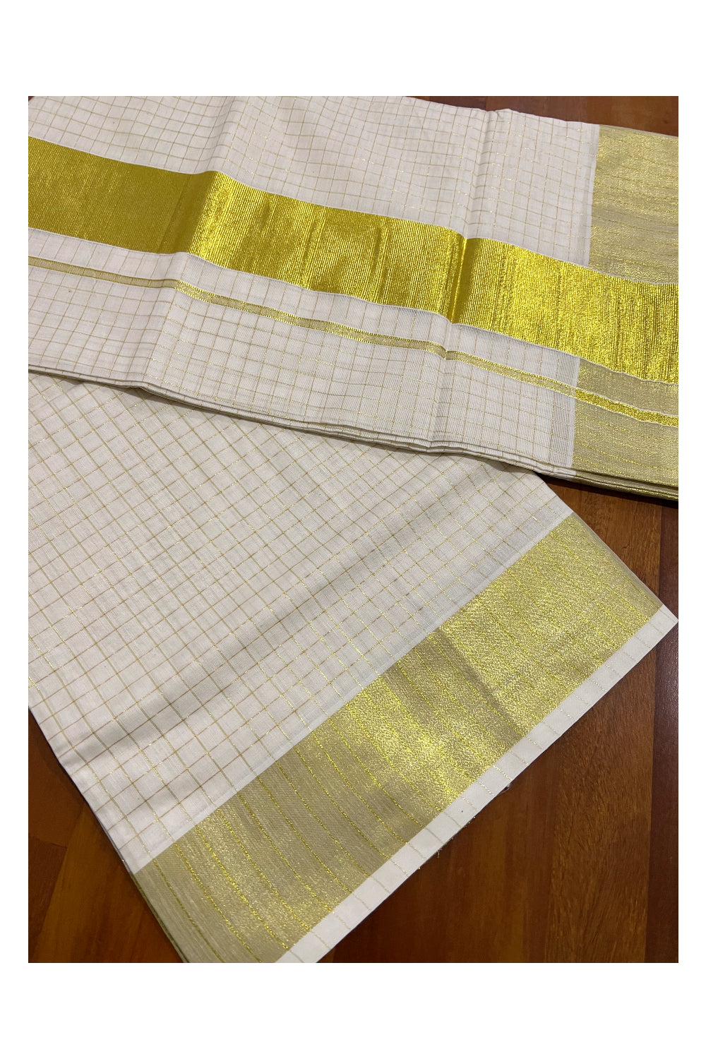 Pure Cotton Kerala Kasavu Checkered Saree with 3 inch Border