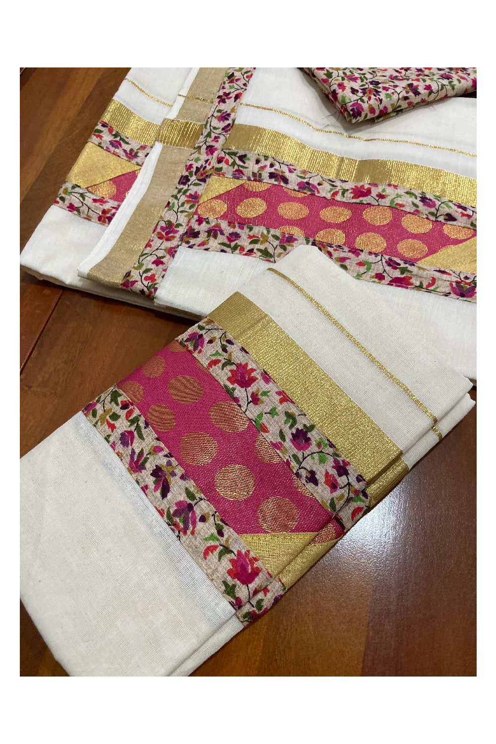 Kerala Cotton Fusion Art Set Mundu (Mundum Neriyathum) with Kasavu and Floral Figures on Beige Border 2.80 Mtrs