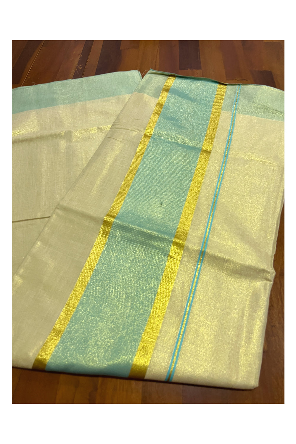 Kerala Tissue Kasavu Plain Saree with Turquoise and Kasavu Border