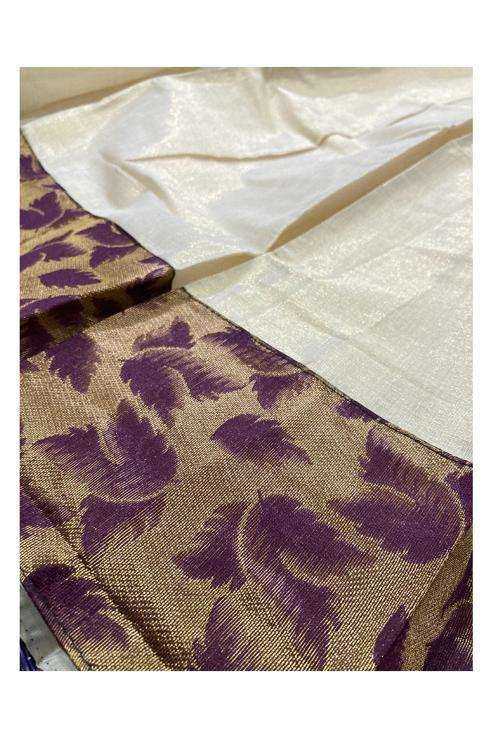 Kerala Tissue Semi Stitched Dhavani Set with Purple Designer Blouse Piece
