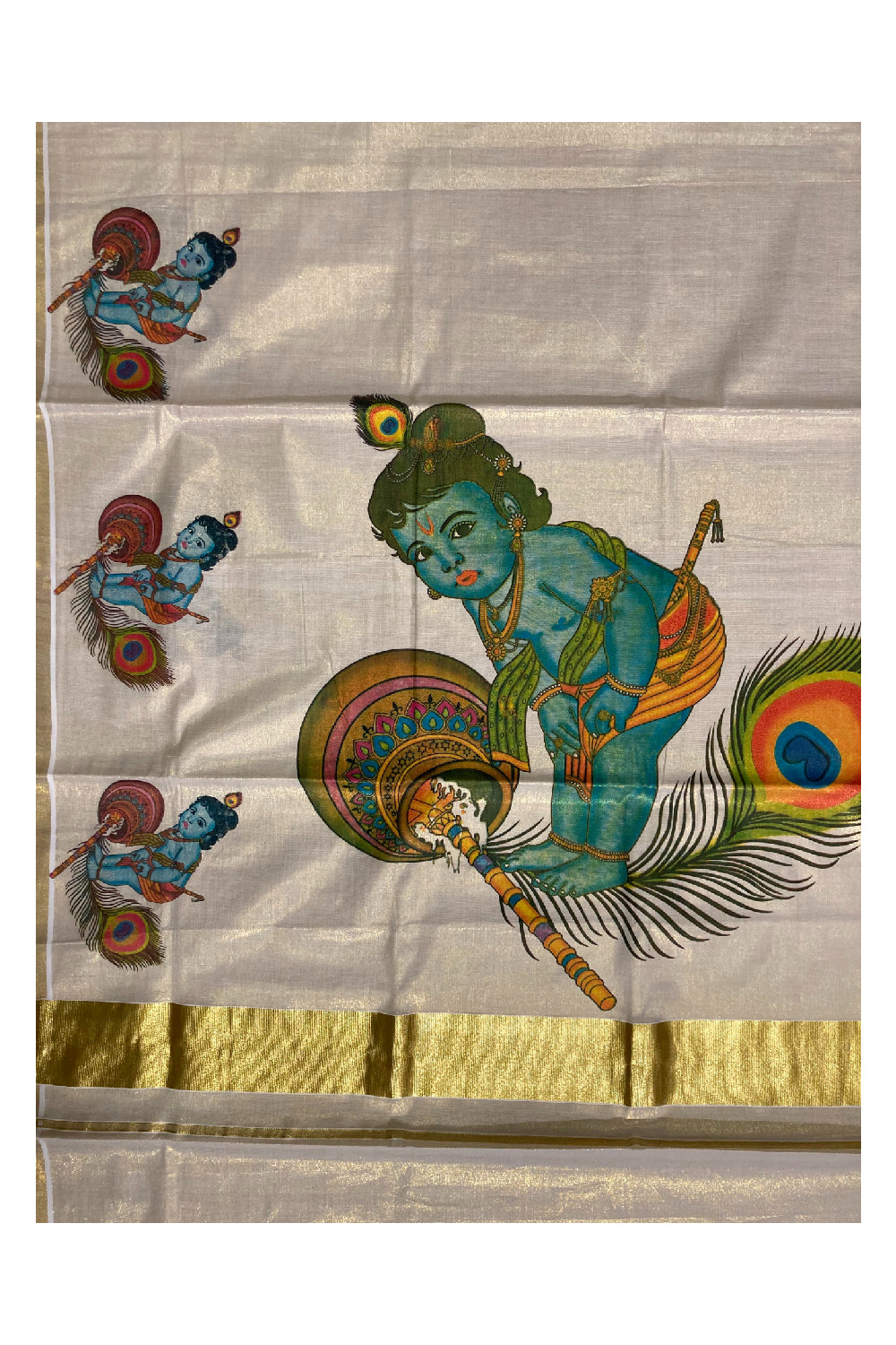 Kerala Tissue Kasavu Onam Saree With Mural Baby Krishna Design