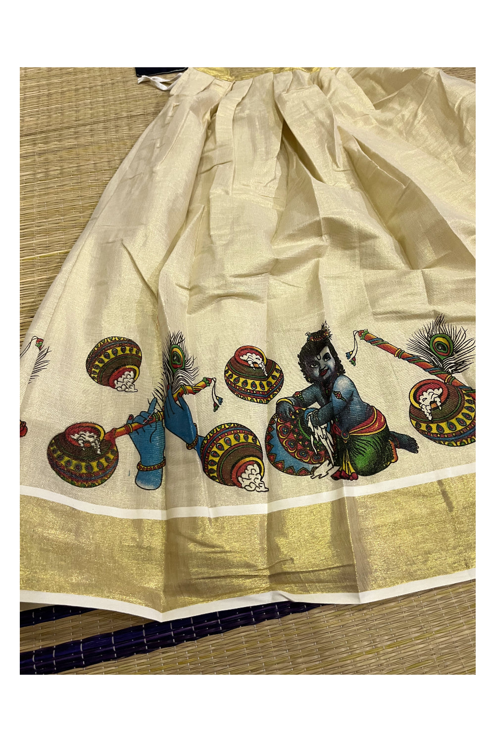 Southloom Kerala Pavada Blouse with Krishna Hand and Flute Mural Design (Age - 11 Year)