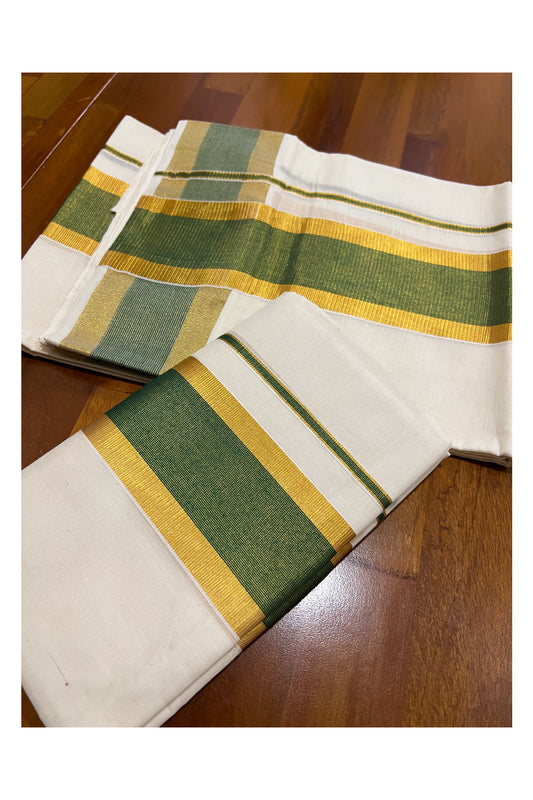 Kerala Cotton Mundum Neriyathum Single (Set Mundu) with Green and Kasavu Border 2.80 Mtrs