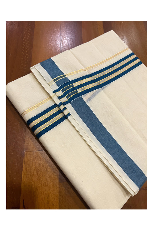 Pure Cotton Off White Double Mundu with Blue and Kasavu Kara (South Indian Kerala Dhoti)