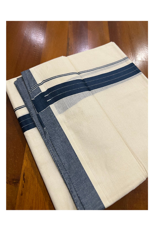 Pure Cotton Off White Double Mundu with Dark Teal Blue Border (South Indian Dhoti)