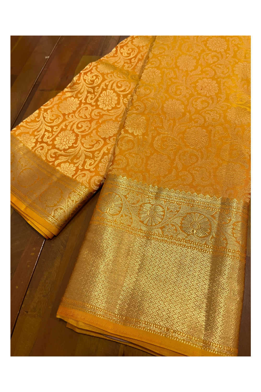 Southloom Double Warp Handloom Pure Silk Kanchipuram Yellow Manthrakodi Saree with Kasavu Woven Works