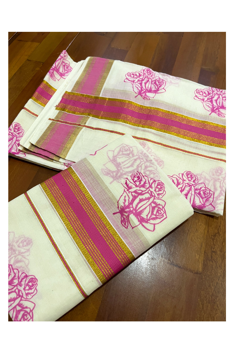 Pure Cotton Kasavu Single Set Mundu (Mundum Neriyathum) with Pink Floral Block Prints