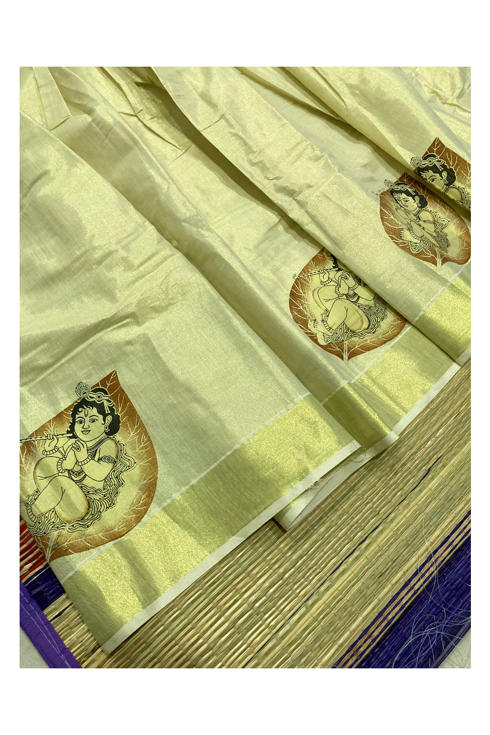 Kerala Tissue Semi Stitched Dhavani Set with Baby Krishna Mural Printed Design and Orange Blouse Piece