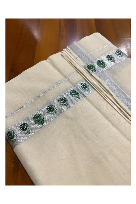 Off White Cotton Mundu with Mural Prints on Silver Kasavu Kara (South Indian Dhoti)