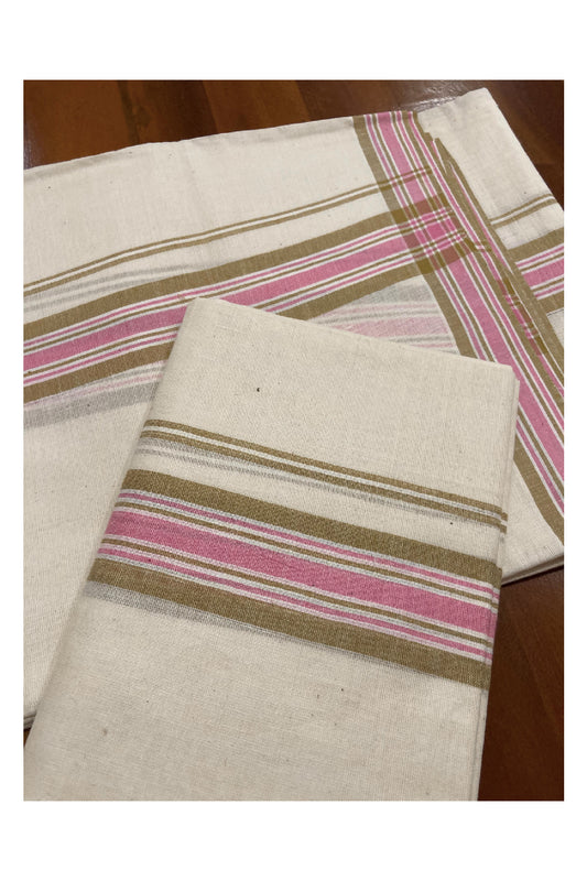 Kerala Cotton Mundum Neriyathum Single (Set Mundu) with Mulloth Design Yellow and Pink Border (Extra Soft Cotton)