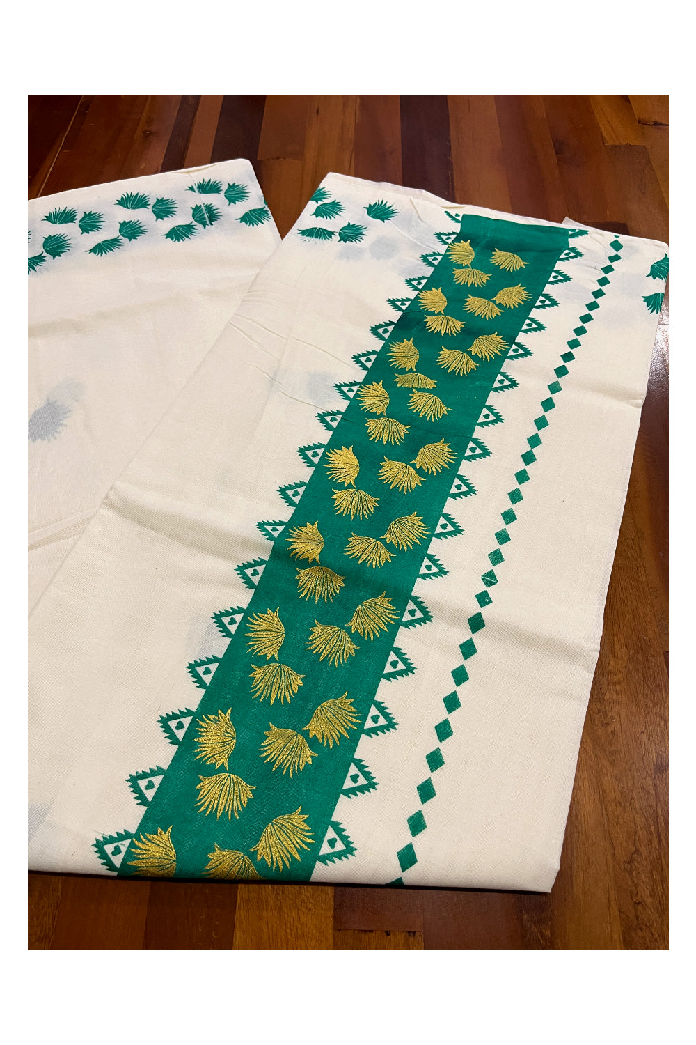 Pure Cotton Kerala Saree with Green Floral Block Printed Border and Pallu (Vishu Saree 2023)