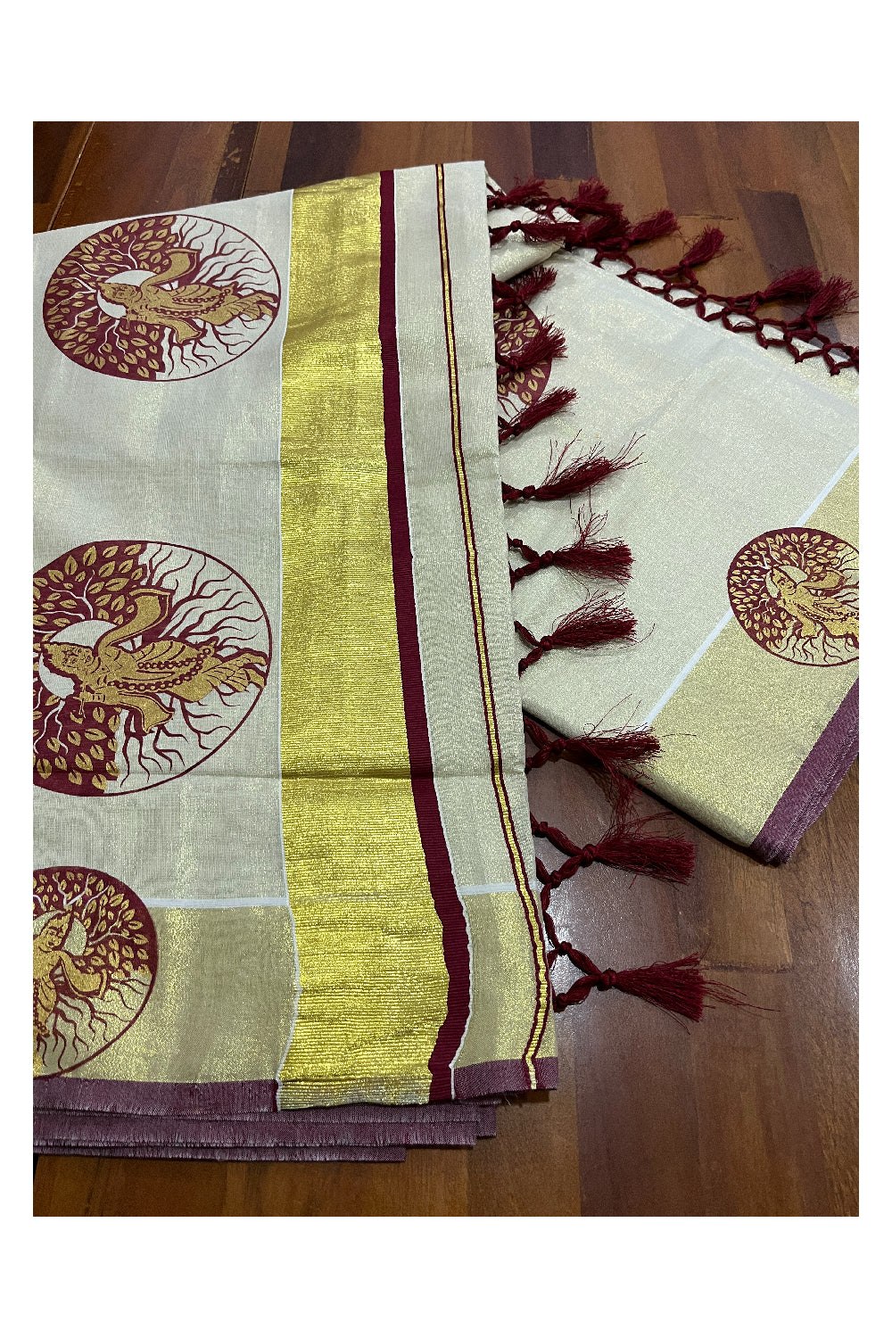 Kerala Tissue Kasavu Maroon Golden Krishna Block Printed Design Saree