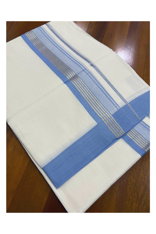 Pure White Cotton Mundu with Light Blue and Silver Kasavu Kara (South Indian Dhoti)