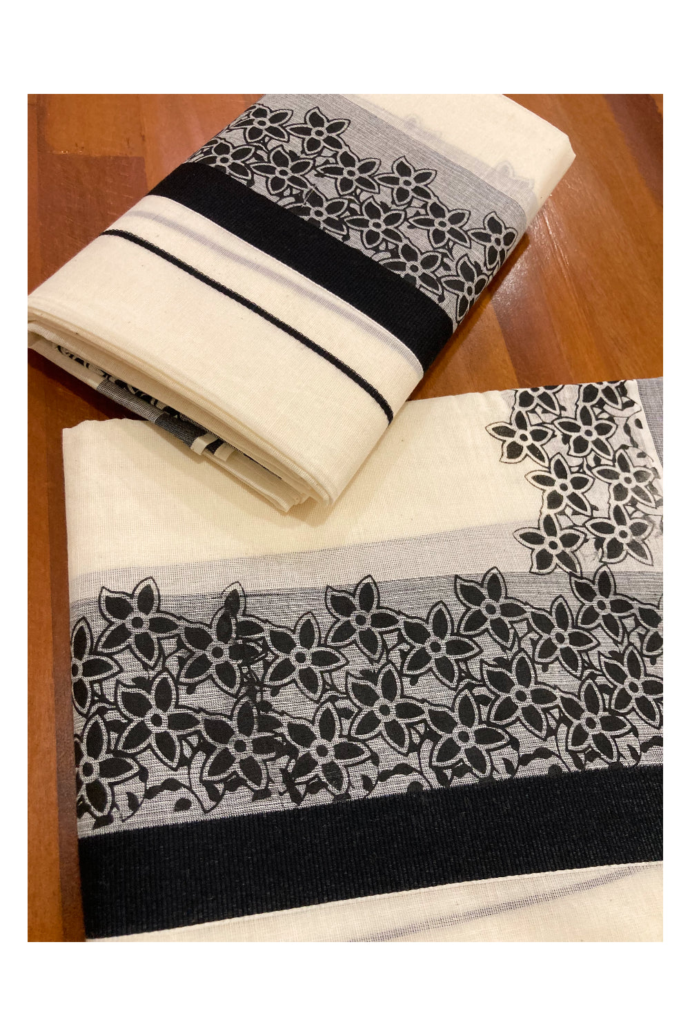 Kerala Cotton Set Mundu (Mundum Neriyathum) with Black Floral Block Prints on Border