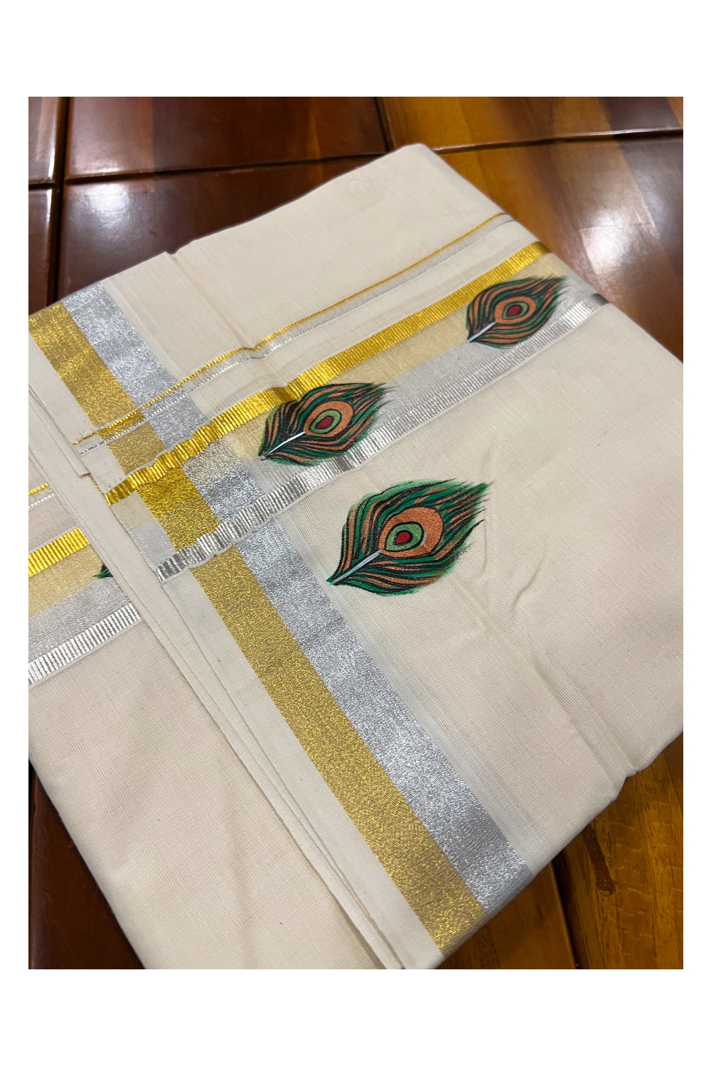 Pure Cotton Silver Golden Kasavu Mundu with Mural Hand Painted Feather Design (South Indian Dhoti)