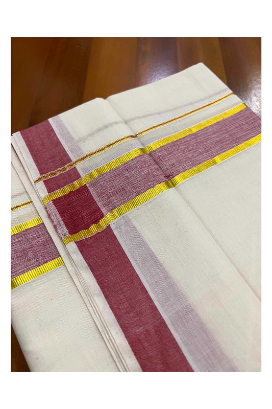 Off White Kerala Double Mundu with Kasavu and Dark Red Border (South Indian Dhoti)