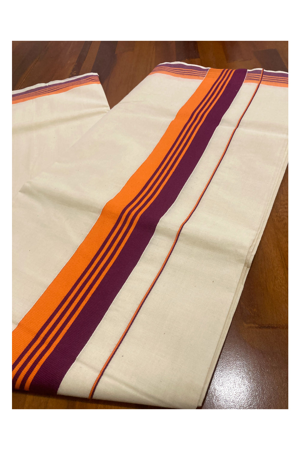 Pure Cotton Plain Kerala Saree with Orange and Maroon Border