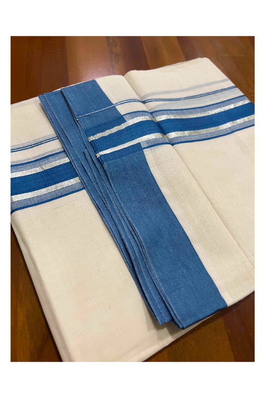 Off White Kerala Double Mundu with Silver Kasavu and Blue Border (South Indian Dhoti)