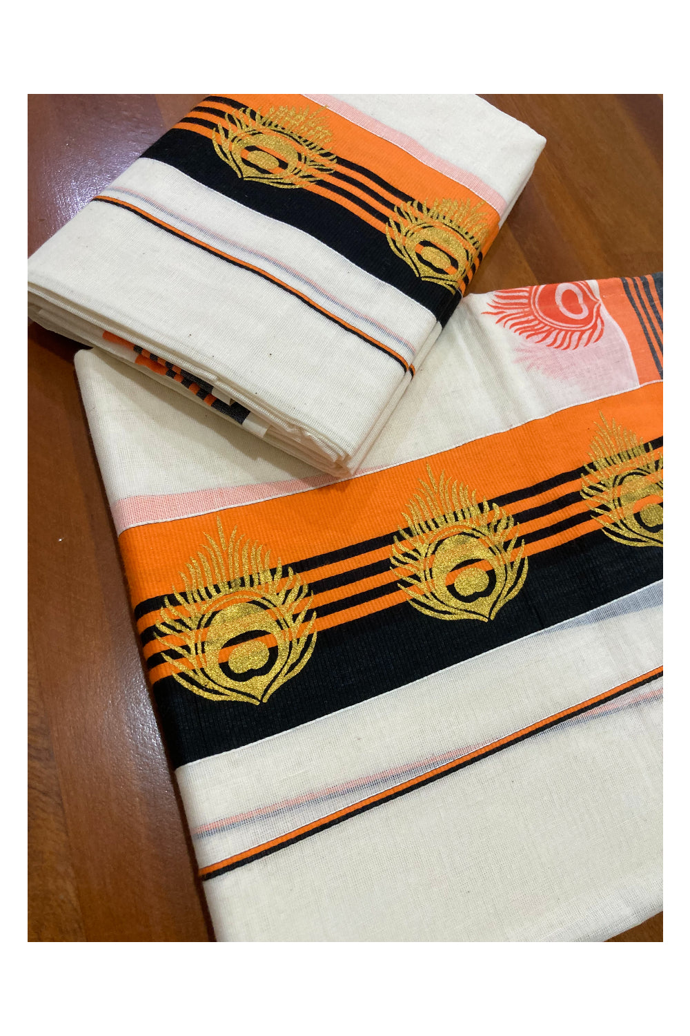 Cotton Set Mundu (Mundum Neriyathum) with Golden Block Prints on Black and Orange Border