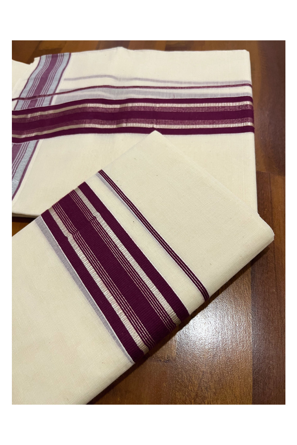 Kerala Cotton Mundum Neriyathum Single (Set Mundu) with Purple and Silver Kasavu Border 2.80 Mtrs