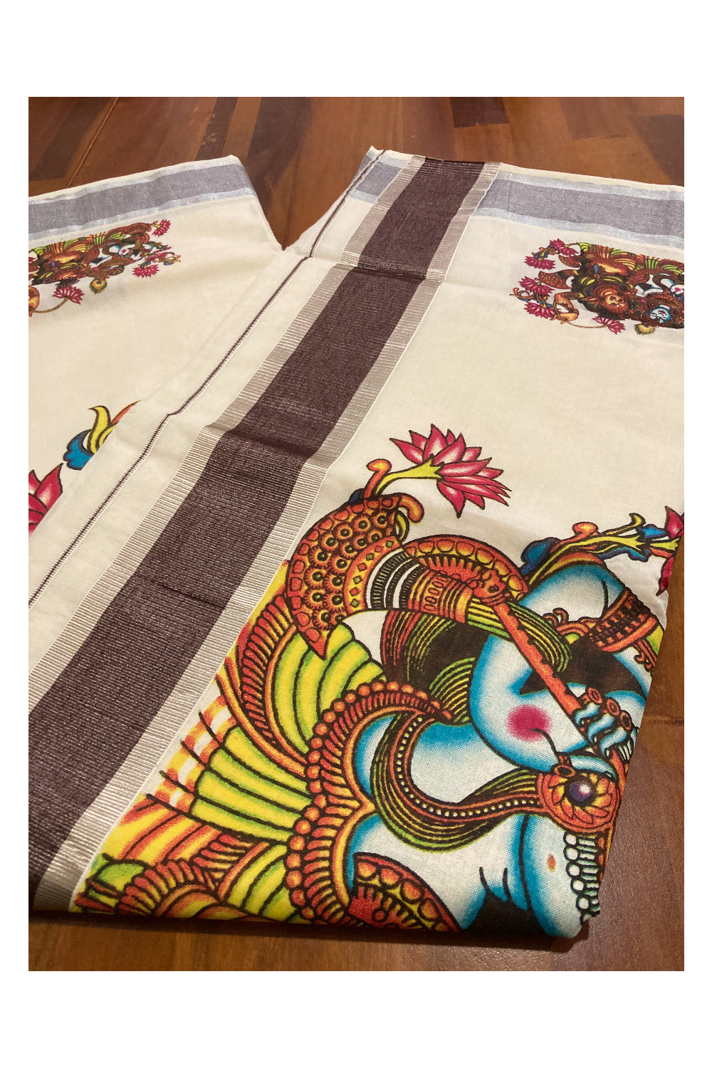 Pure Cotton Kerala Saree with Krishna Radha Mural Prints and Silver Brown Border