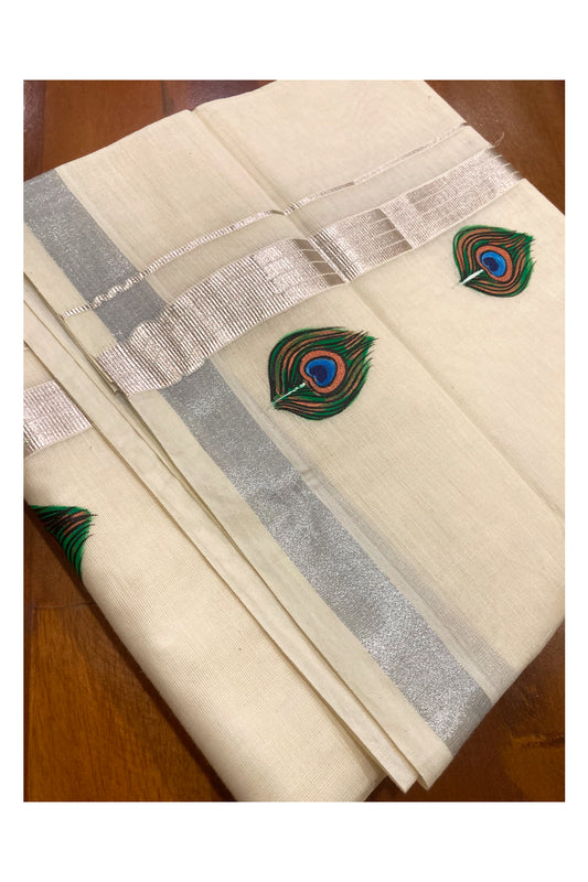 Off White Pure Cotton Double Mundu with Mural Prints on Silver Kasavu Kara (South Indian Dhoti)