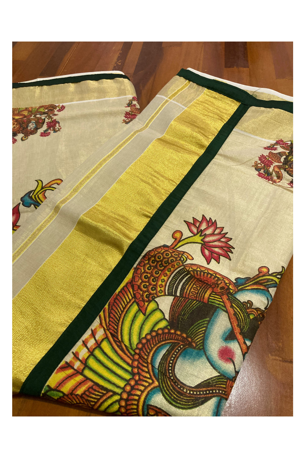 Kerala Tissue Kasavu Saree with Mural Krishna Radha Prints and Green Piping works on Border