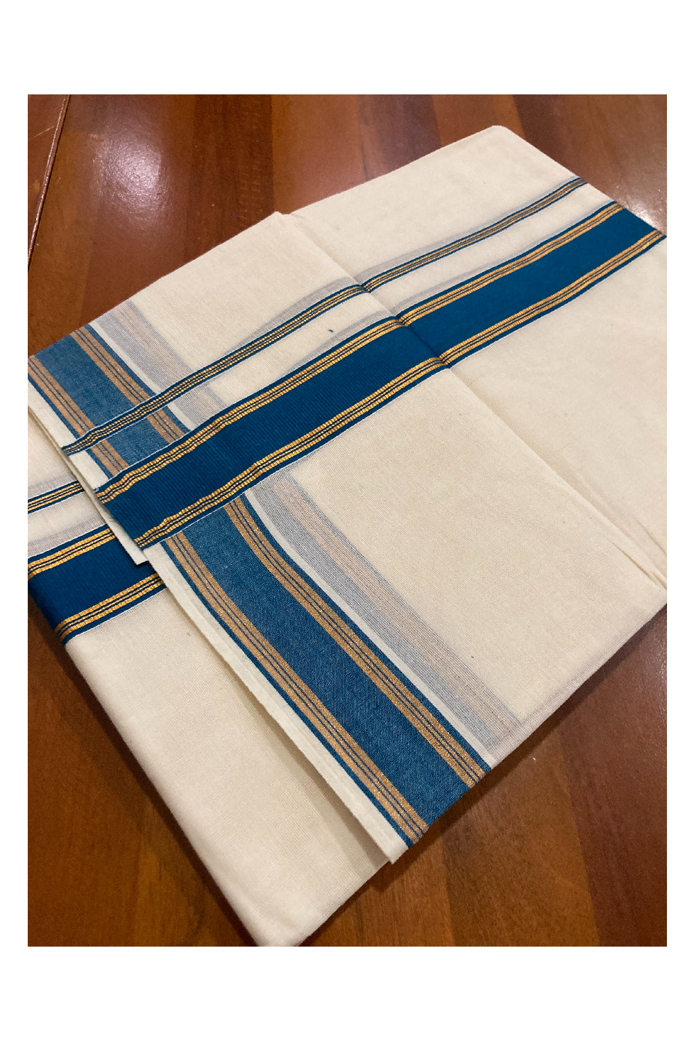 Off White Kerala Double Mundu with Kasavu and Dark Teal Blue Border (South Indian Dhoti)