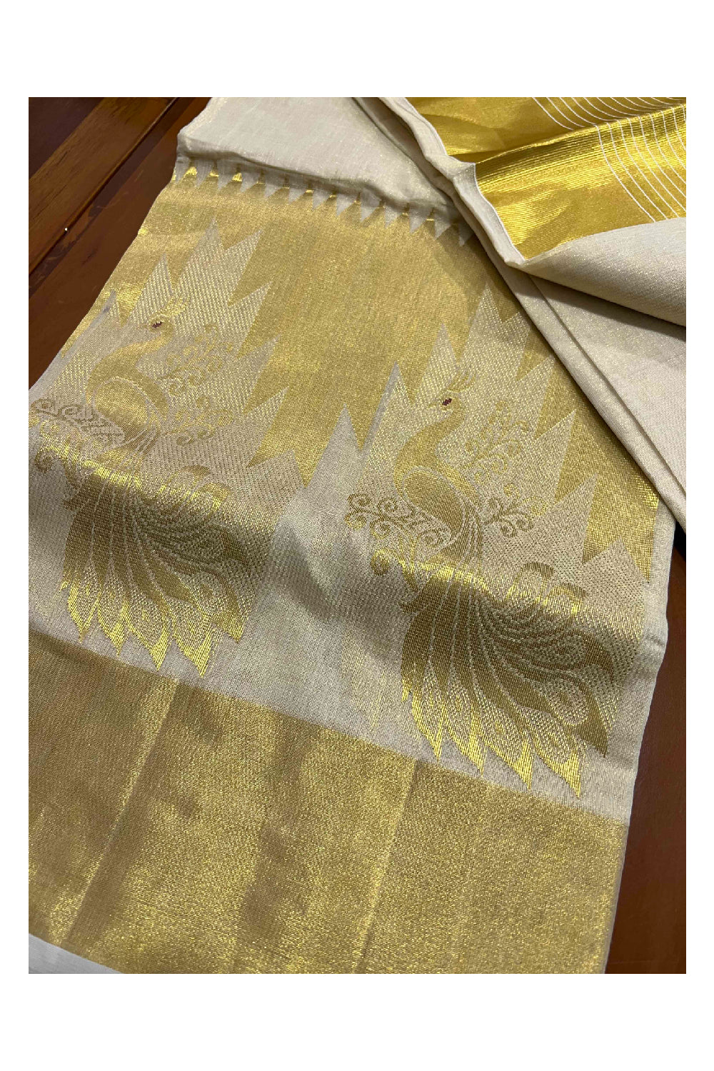 Southloom Premium Kuthampully Handloom Tissue Heavy Work Saree with Peacock Motifs