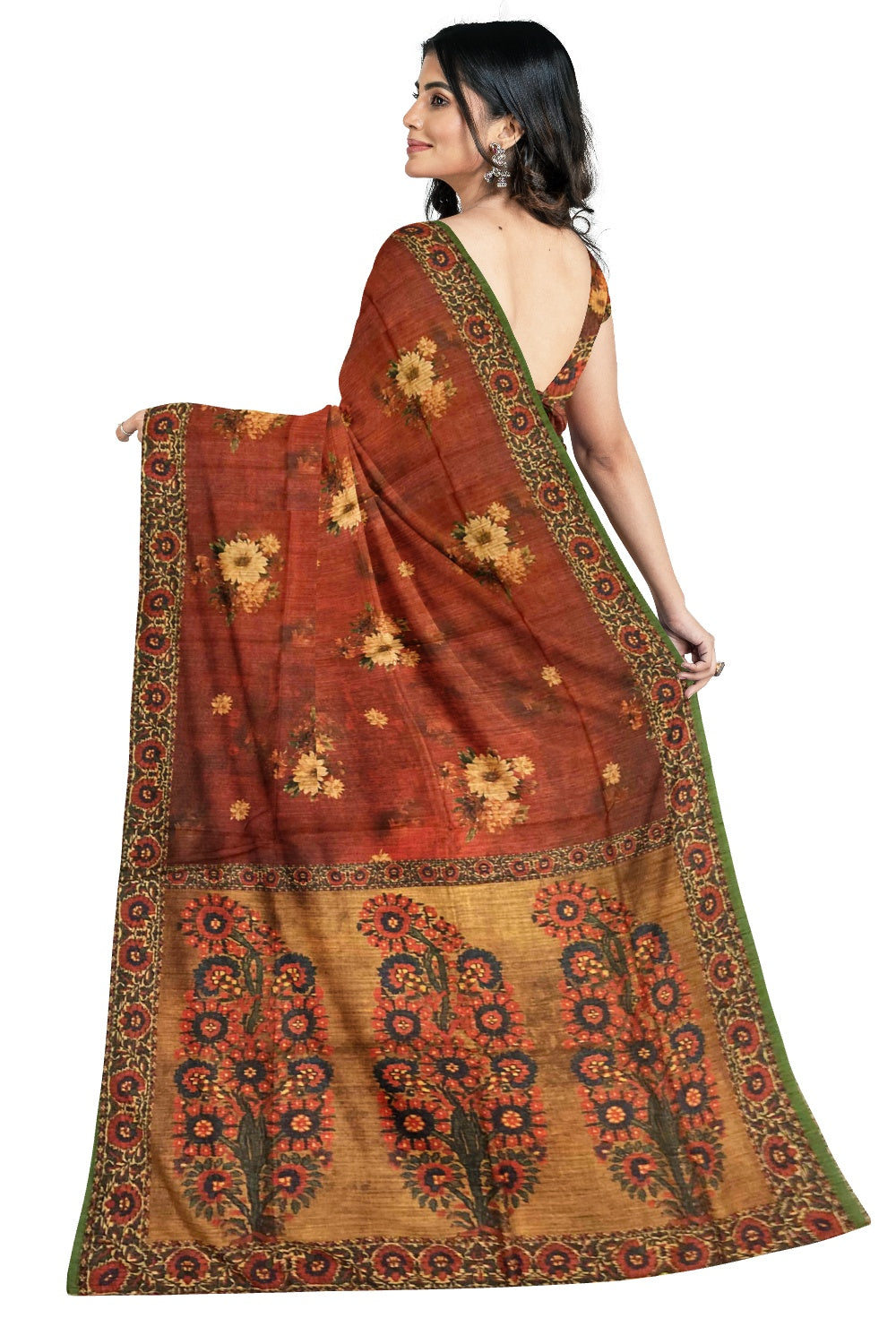 Southloom Semi Silk Dark Orange and Brown Floral work Designer Saree