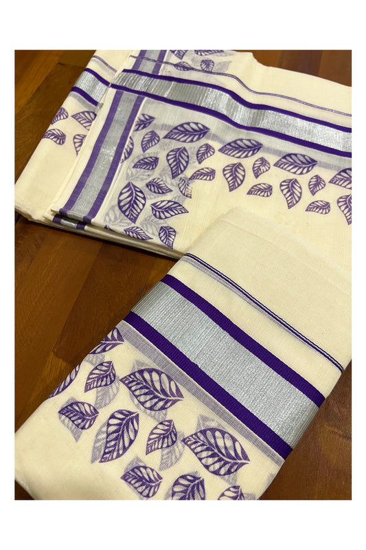 Cotton Silver Kasavu Set Mundu (Mundum Neriyathum) with Violet Leaf Block Prints on Border