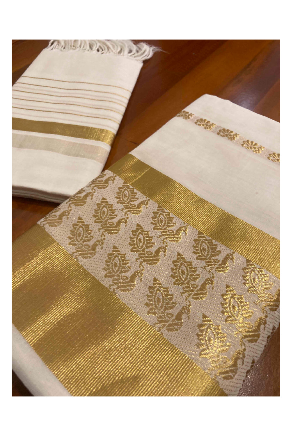 Southloom™ Handloom Kasavu Churidar Salwar Material with Peacock Woven Work (include Plain Shawl / Dupatta)