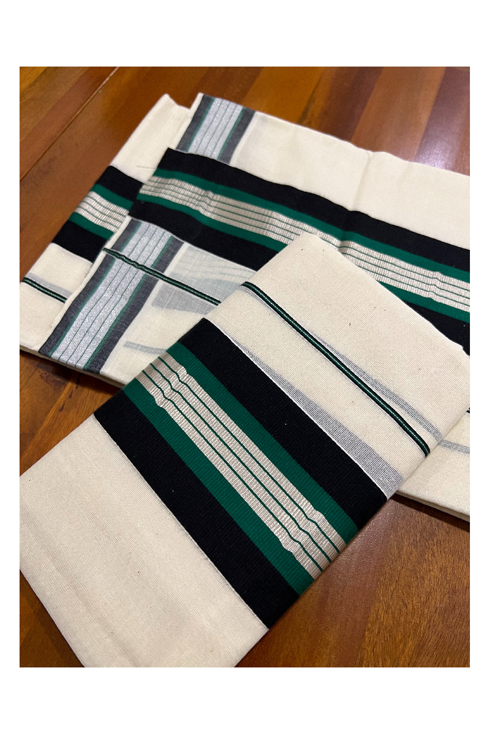 Pure Cotton Mundum Neriyathum Single (Set Mundu) with Silver Kasavu Black and Dark Green Border 2.80 Mtrs