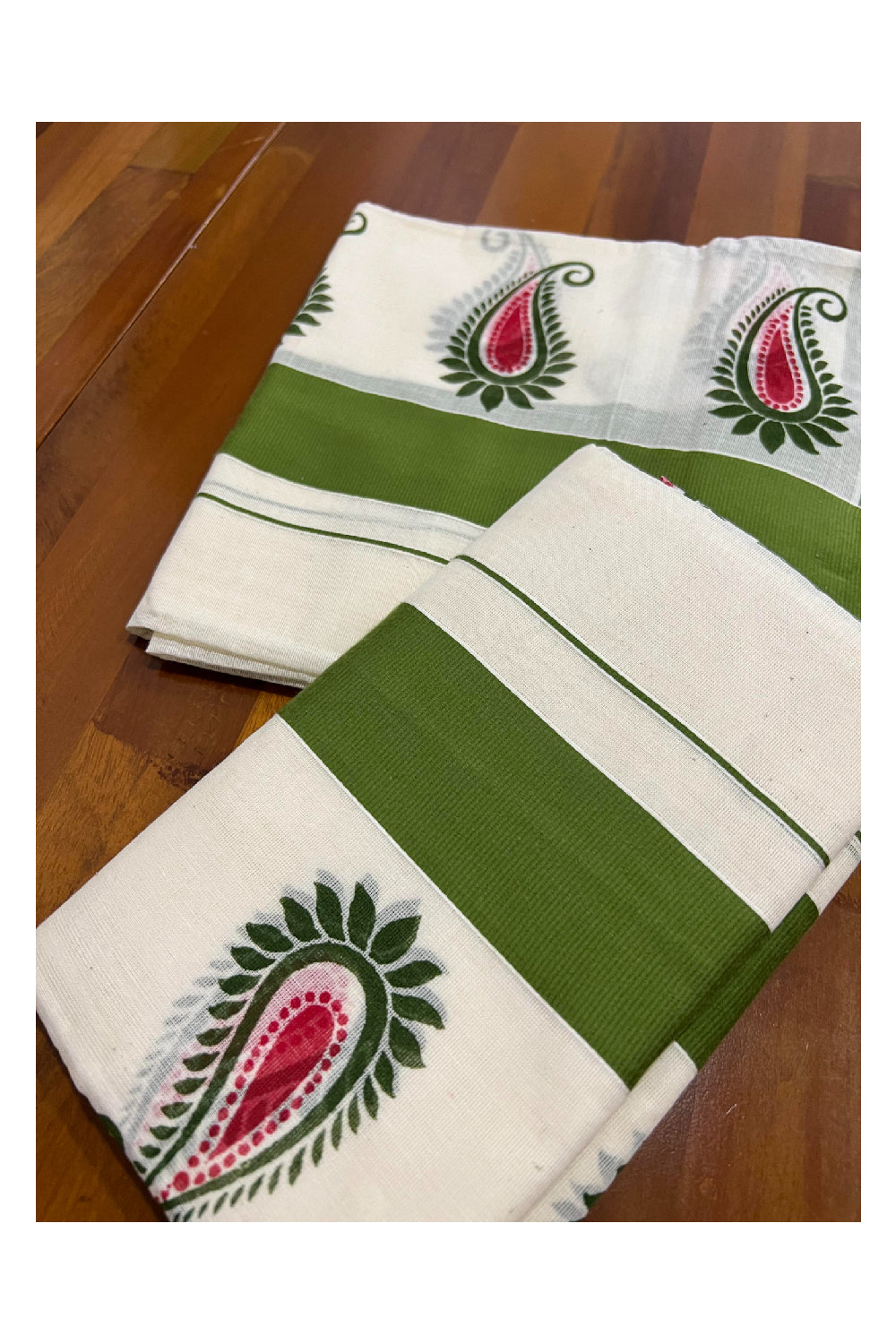 Kerala Cotton Single Mundum Neriyathum (Set Mundu) with Block Prints on Olive Green Border 2.80 Mtrs
