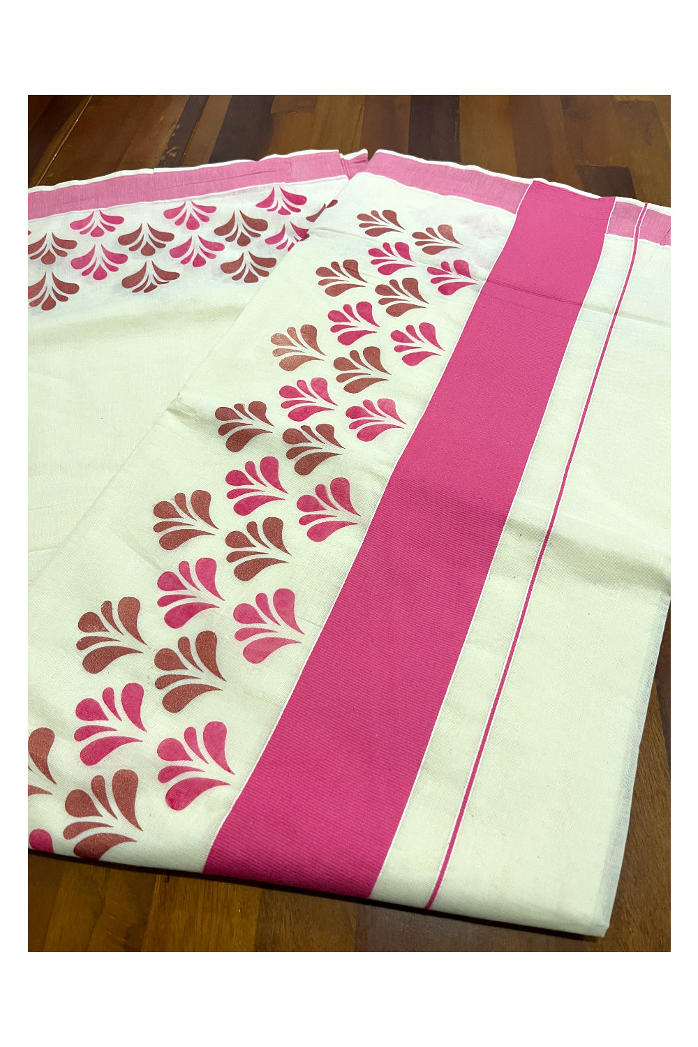 Pure Cotton Off White Kerala Saree with Pink Block Prints in Pink Border