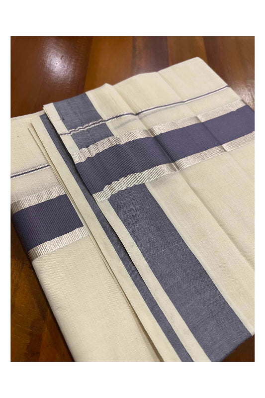 Off White Kerala Double Mundu with Silver Kasavu and Grey Border (South Indian Dhoti)