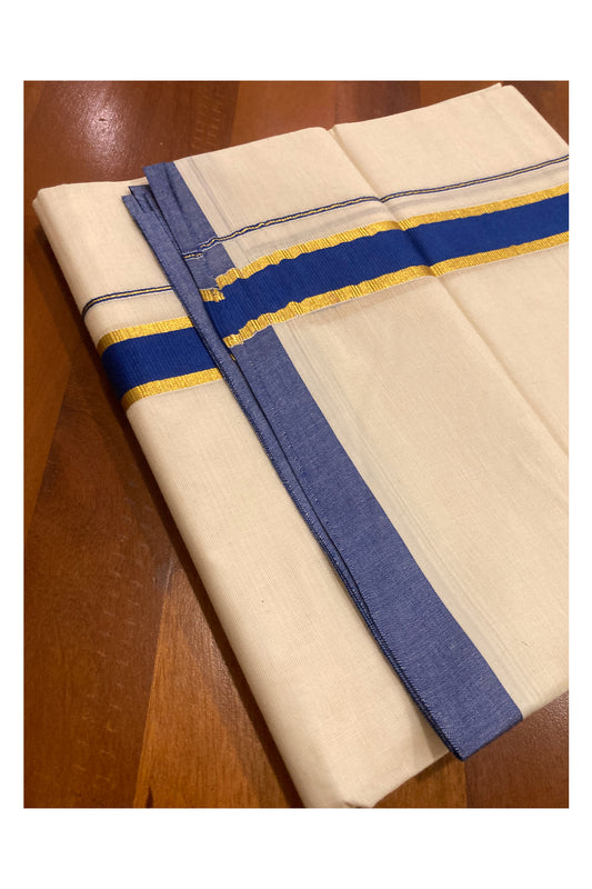 Off White Pure Cotton Double Mundu with Kasavu and Blue Border (South Indian Dhoti)