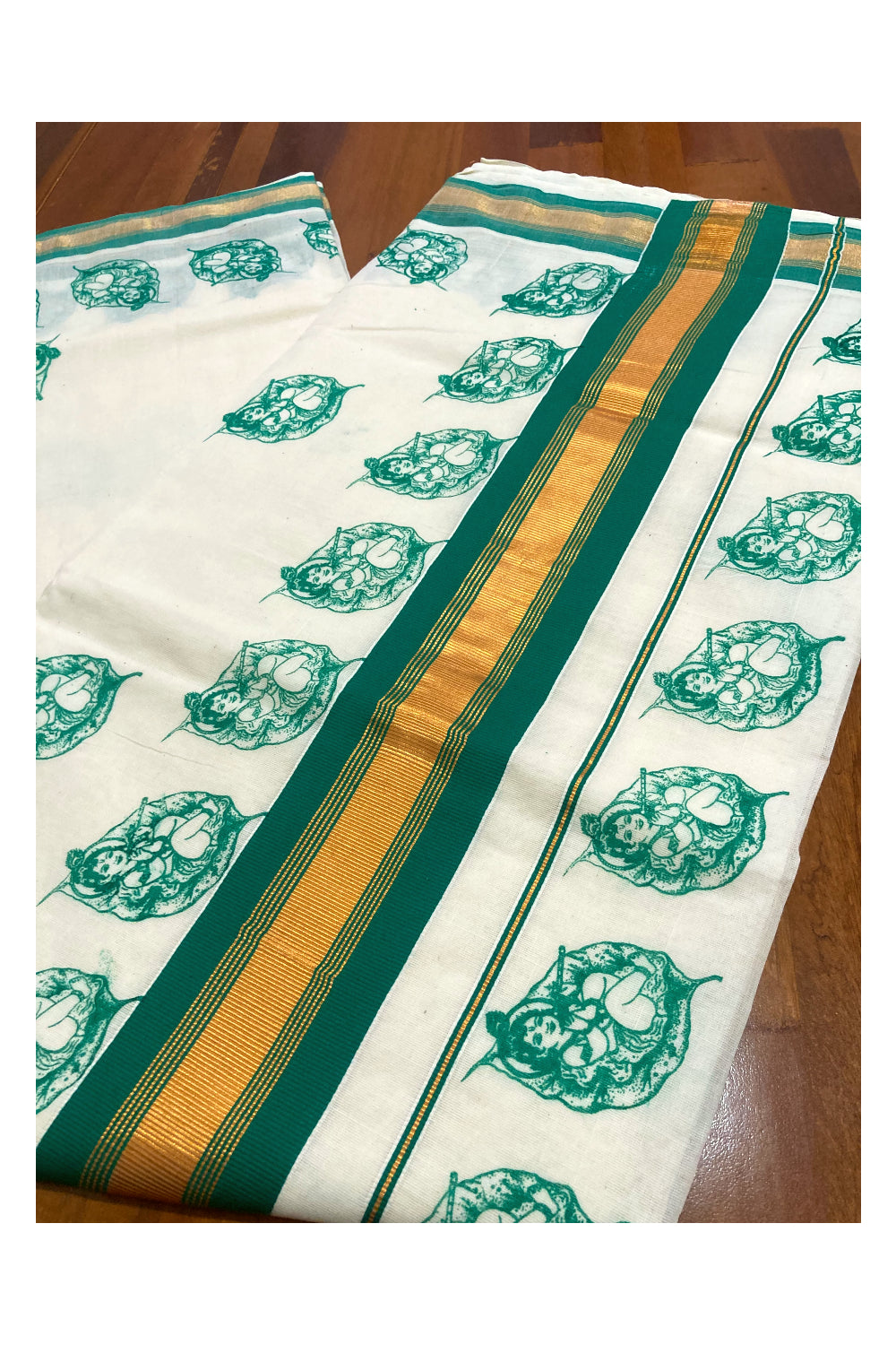 Pure Cotton Kerala Saree with Green Krishna Block Printed Design and Kasavu Border