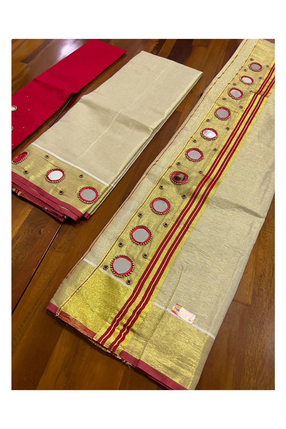 Kerala Tissue Kasavu Set Mundu (Mundum Neriyathum) with Red Border and Mirror Bead Handwork Design 2.80 Mtrs (Include Blouse Piece)