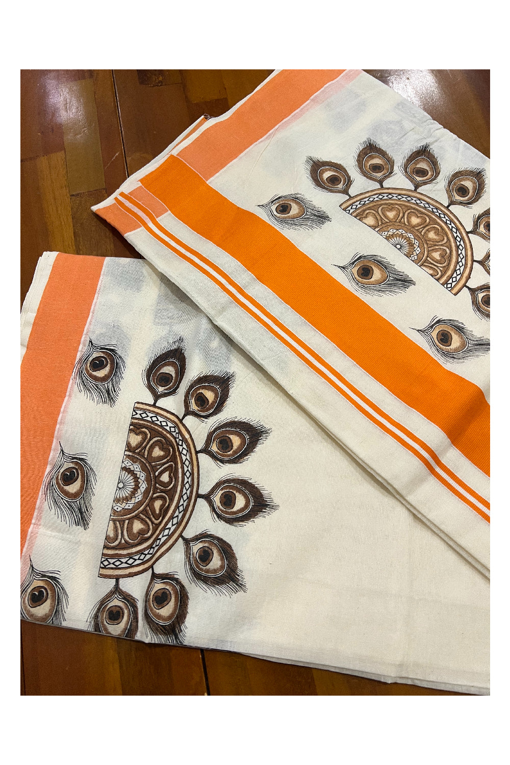 Kerala Pure Cotton Saree with Mural Printed Semi Circle Feather Design and Orange Border