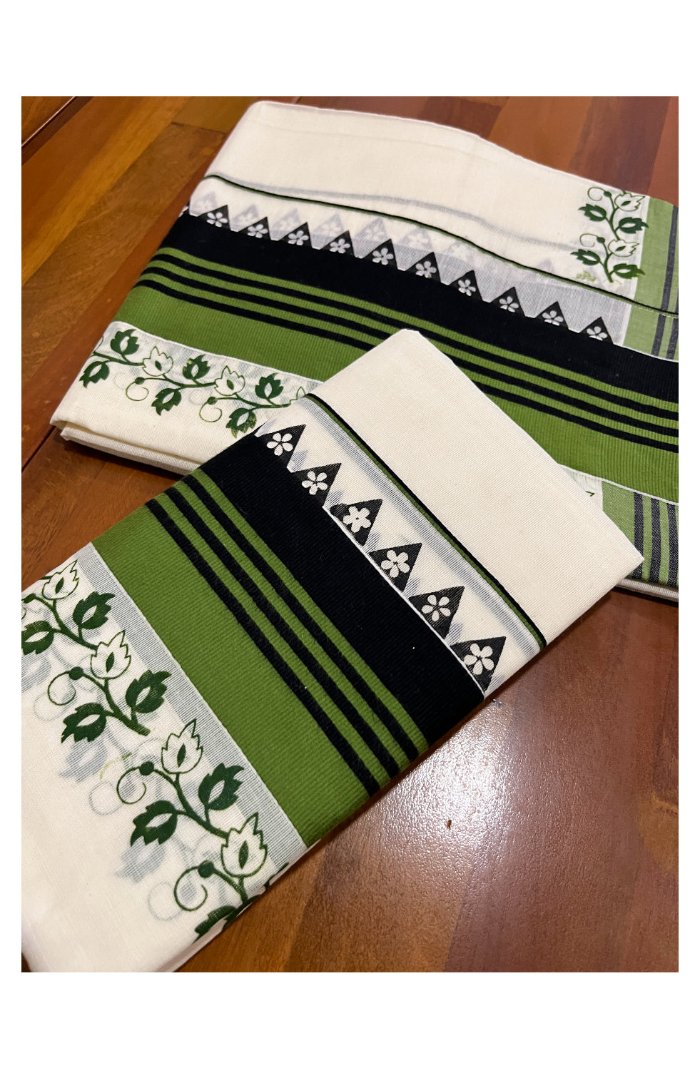 Kerala Cotton Set Mundu (Mundum Neriyathum) with Floral Prints on Green Black Border