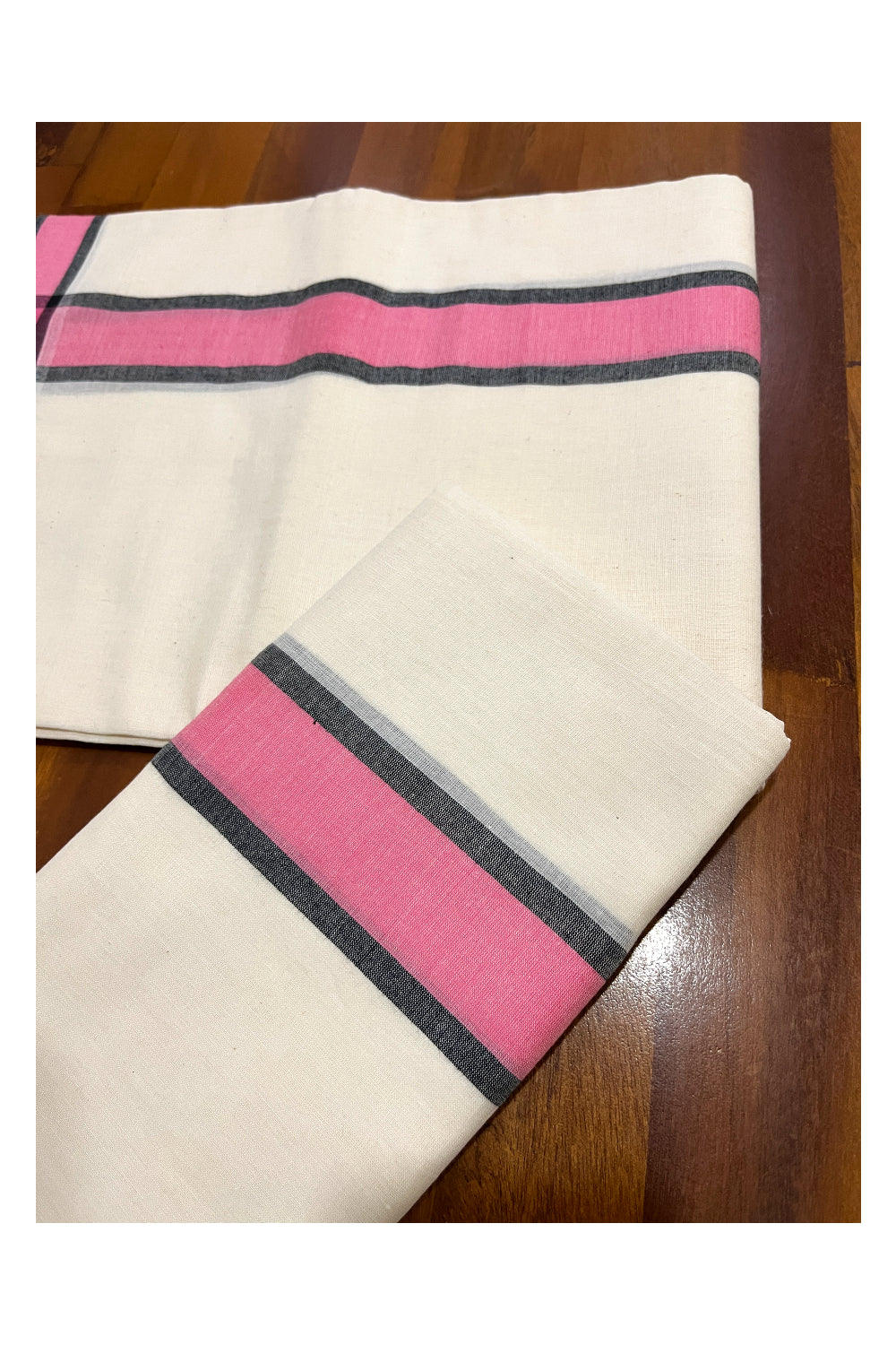 Kerala Cotton Mundum Neriyathum Single (Set Mundu) with Pink and Black Mulloth Border (Extra Soft Cotton)