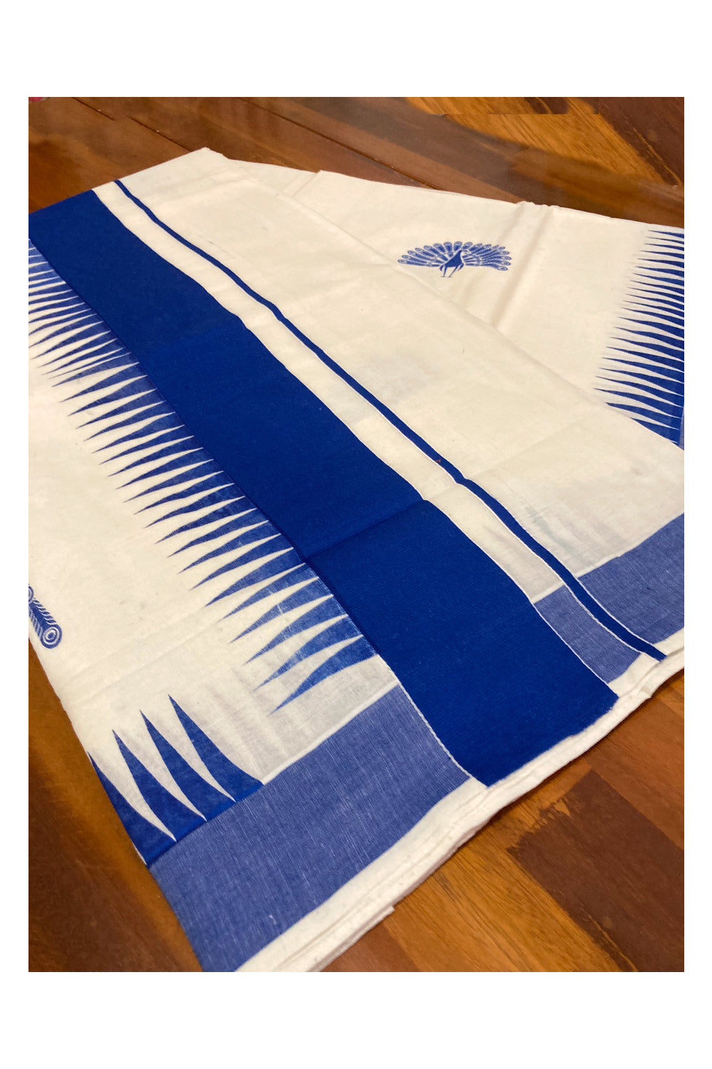 Pure Cotton Kerala Saree with Blue Block Printed Design