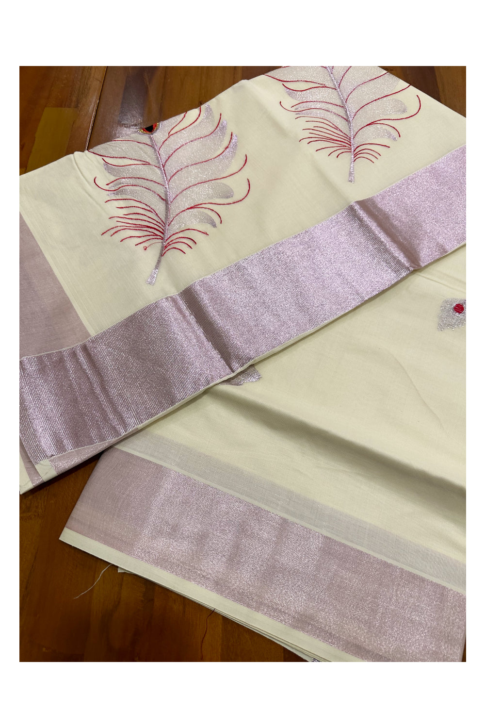 Kerala Rose Copper Kasavu Cotton Saree with Feather Embroidery Works