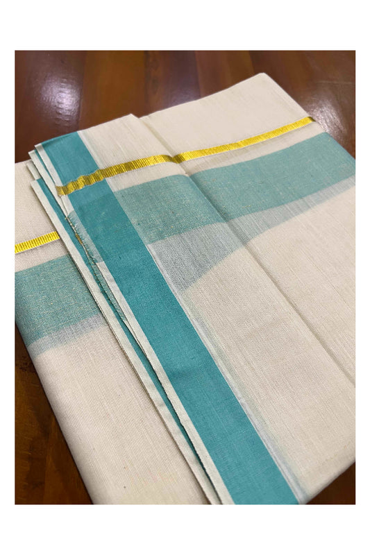 Off White Kerala Double Mundu with Turquoise and Kasavu Line Border (South Indian Dhoti)